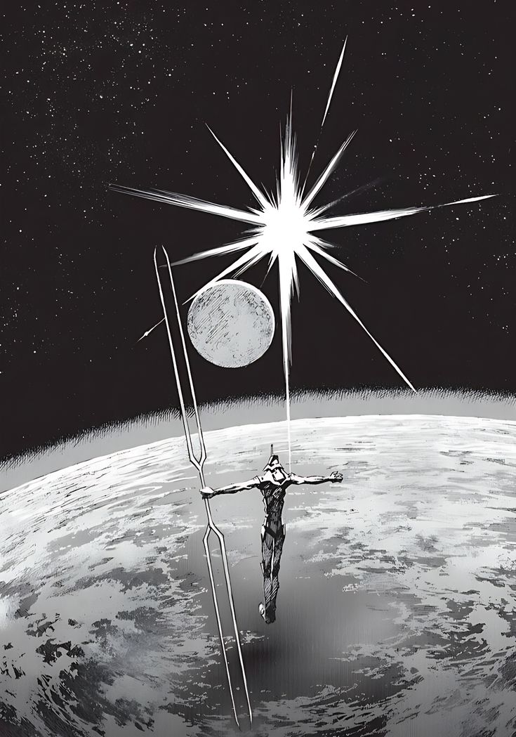 A figure suspended in space with a staff, against the backdrop of Earth and a bright star